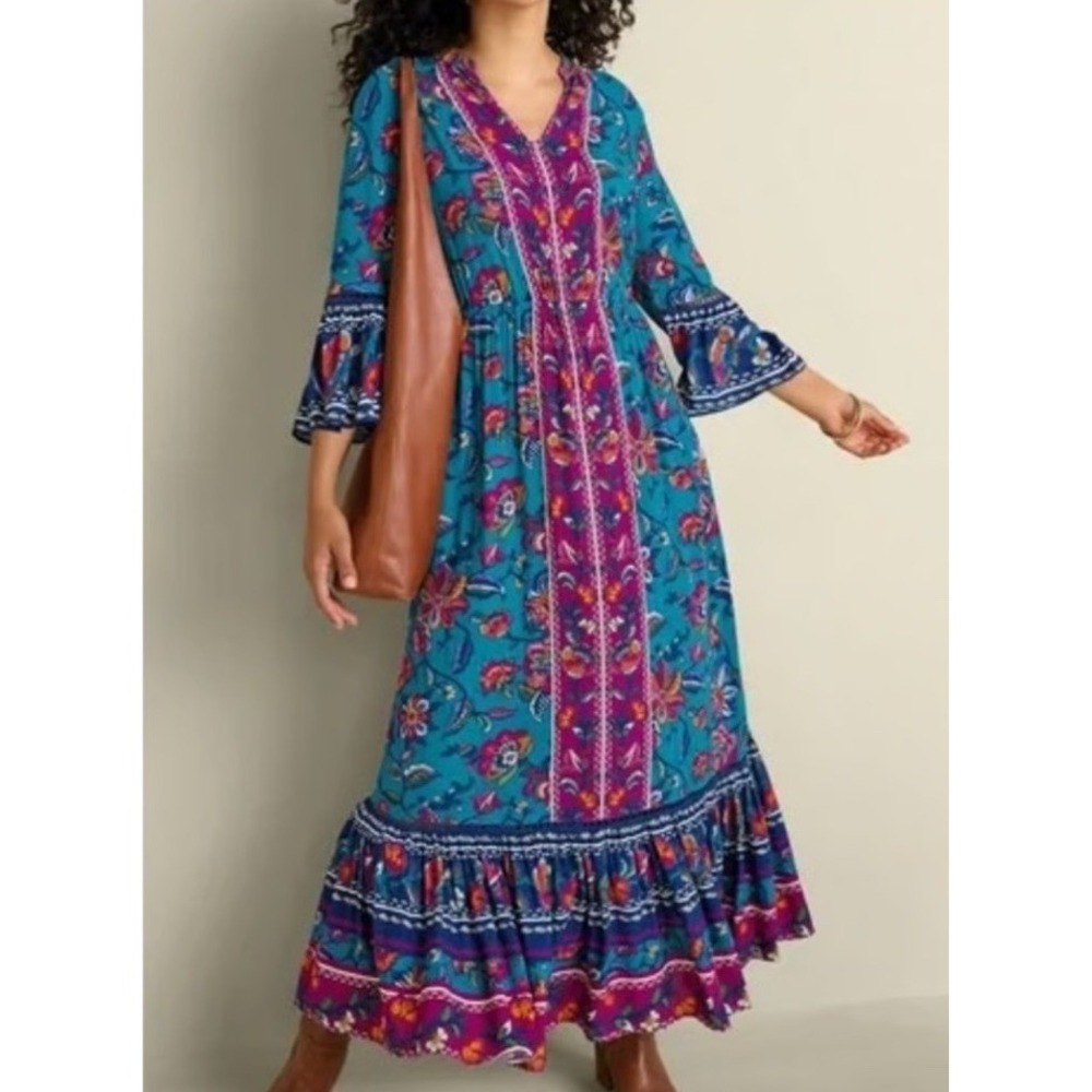 SOFT SURROUNDINGS SZ-M ALLENE MAXI BOHO TEAL MULTI FLORAL DRESS 100% Rayon